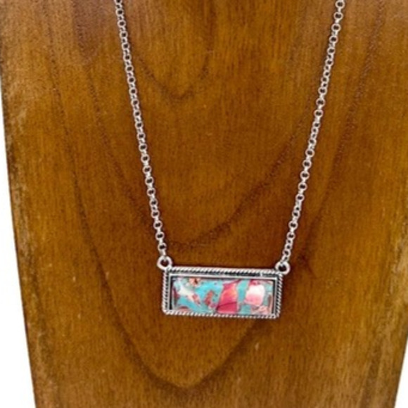 Western Southwestern Oyster Copper Turquoise  Bar pendant Necklace - Picture 2 of 2